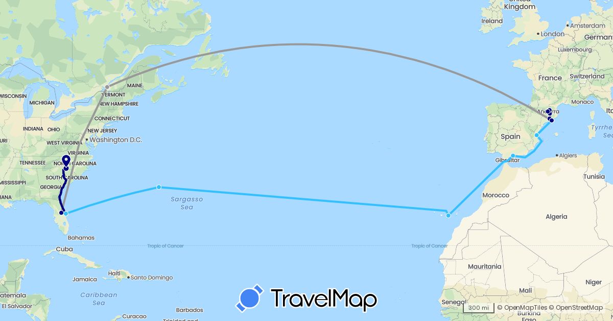 TravelMap itinerary: driving, plane, boat in Andorra, Bermuda, Canada, Spain, France, United States (Europe, North America)