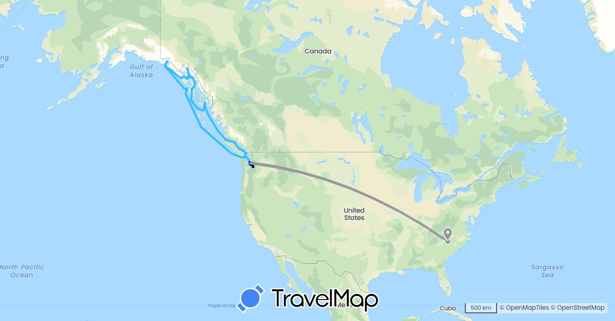 TravelMap itinerary: driving, plane, boat in Canada, United States (North America)